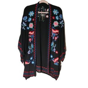 NWT Curations Cardigan Womens M/L Black Multicolor Floral Embroidery‎ Open Front